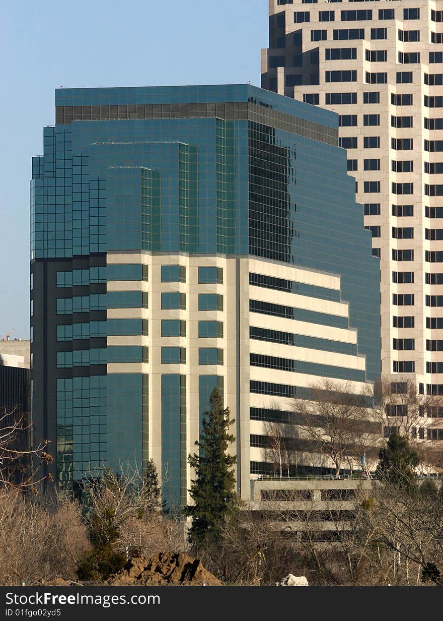 An office building with a empty parking lot