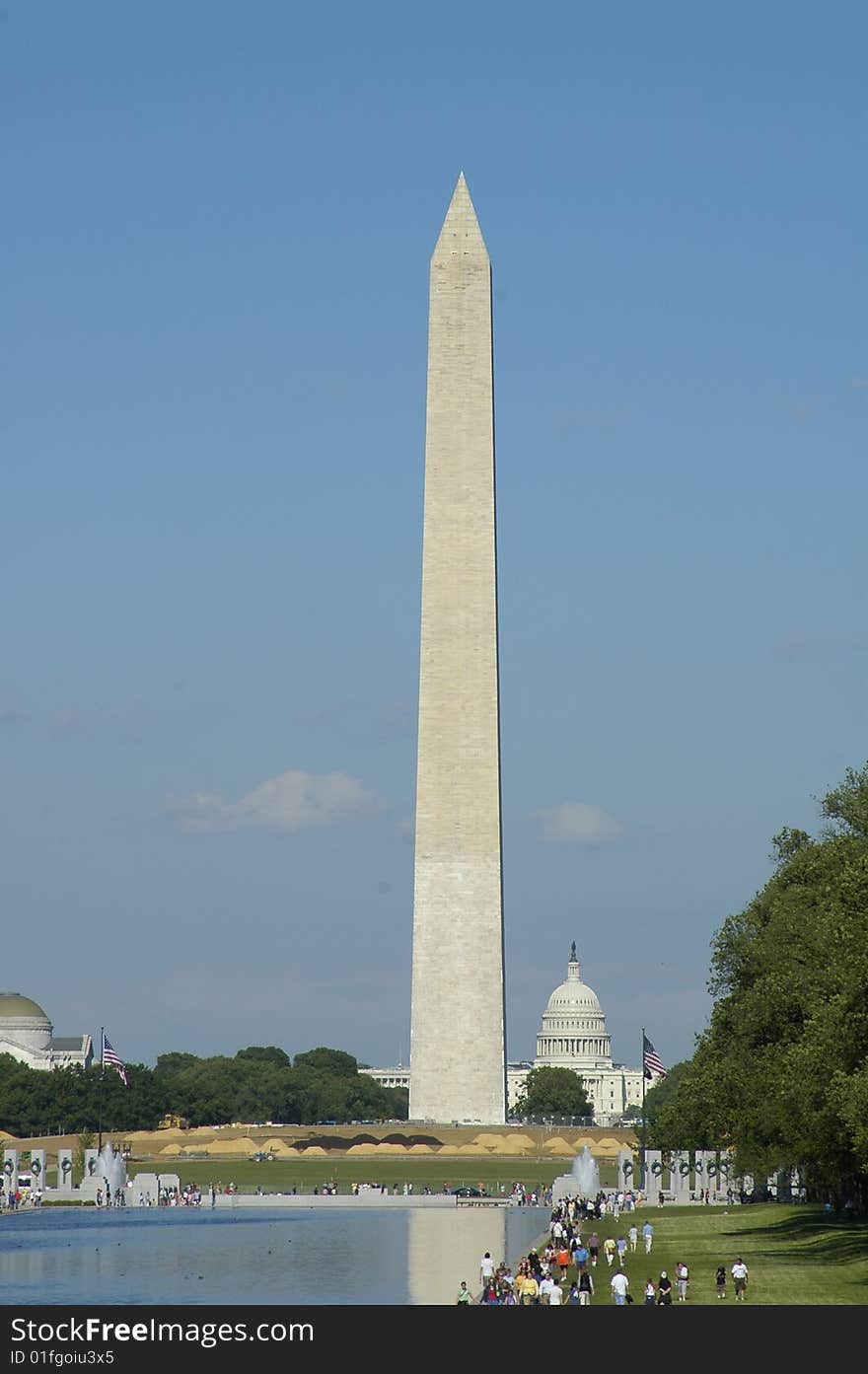 The Washington Monument on a clear day with the reflection pool