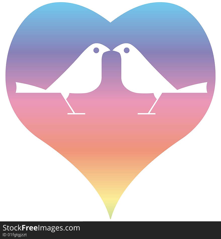 A couple of loving birds stay together in the love heart shape. A couple of loving birds stay together in the love heart shape.