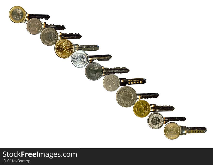 Worldwide financial latchkeys image isolated, on white. Worldwide financial latchkeys image isolated, on white.