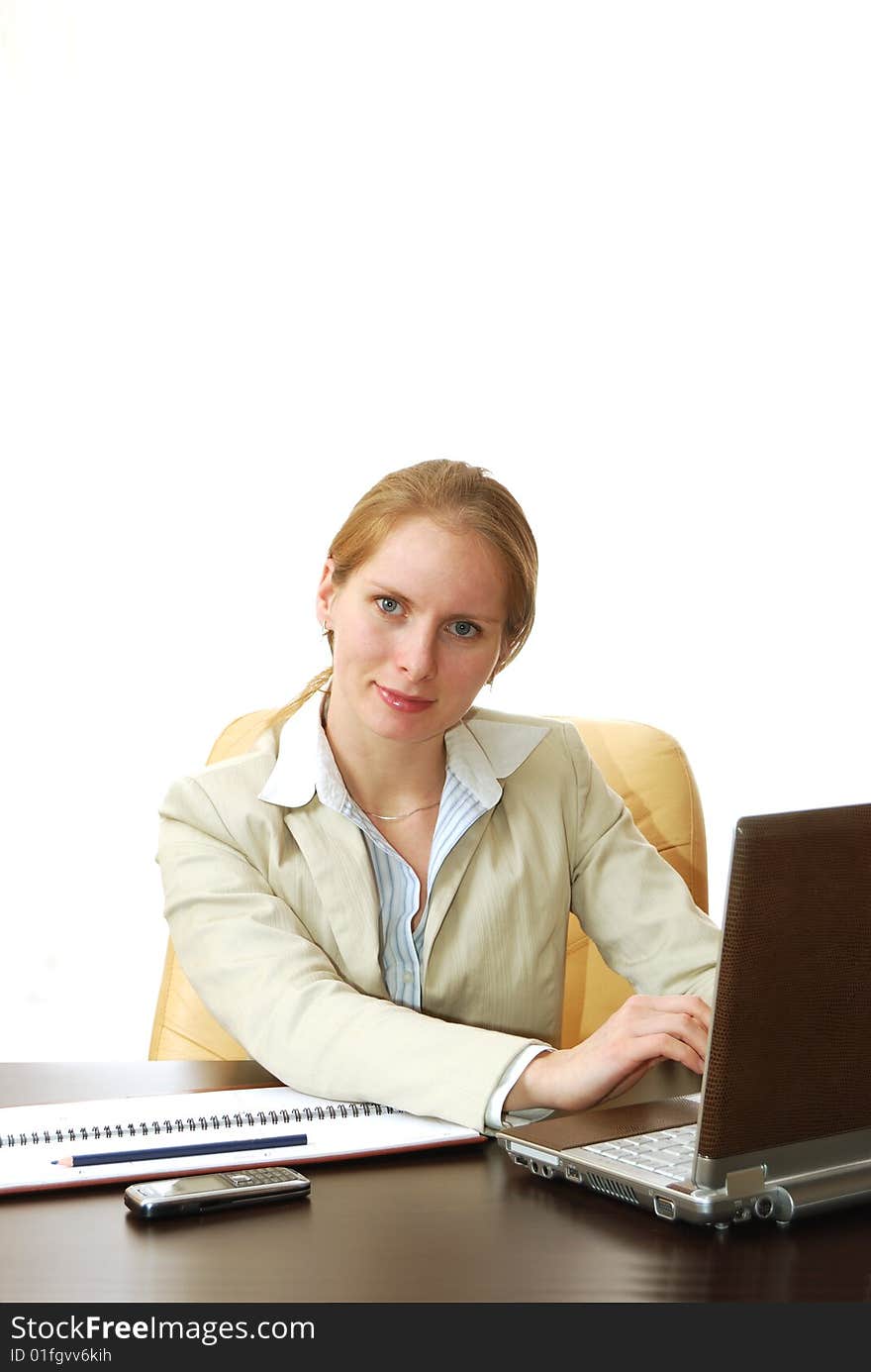 Young girl at work isolated on white background