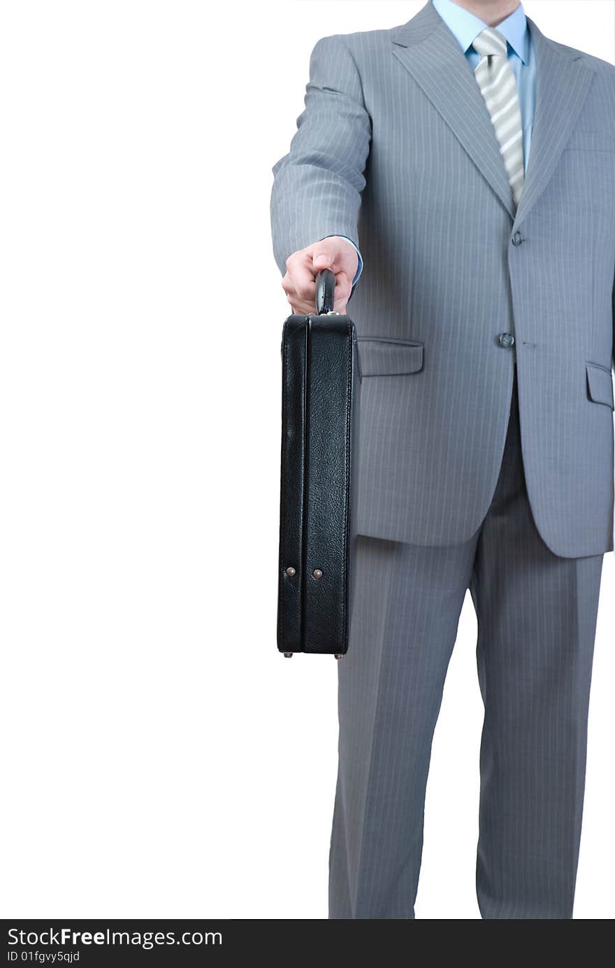 Man giving his briefcase isolated on white backgro