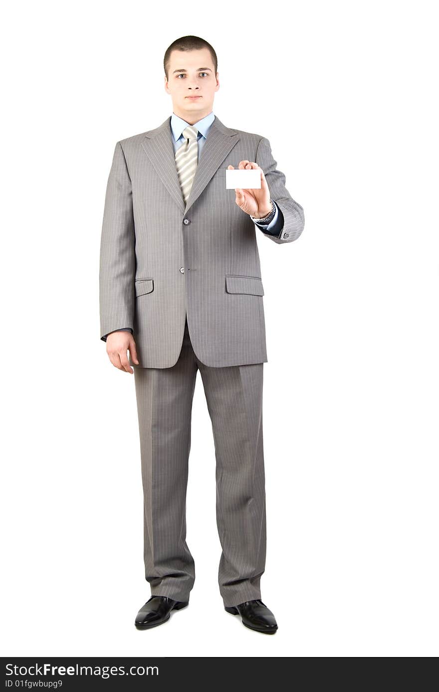 Man Holding A Blank Card Isolated On White Backgro