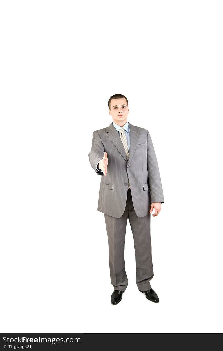 Man giving his hand isolated on white background