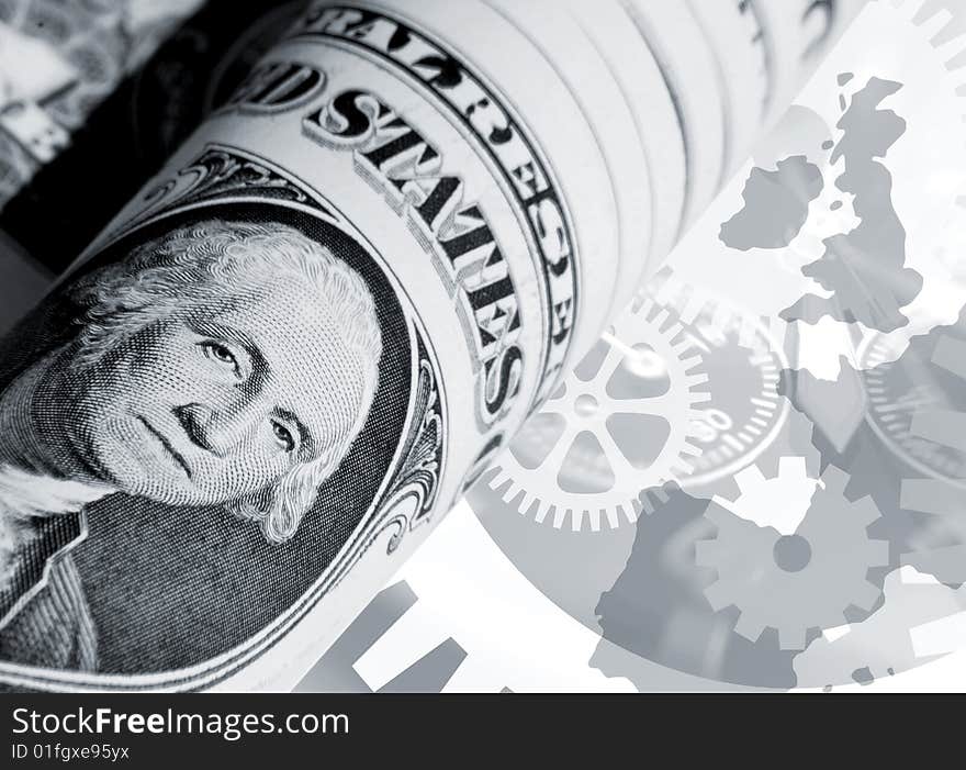 US Dollar bill overlaid on Europe map with cogwheel pattern. US Dollar bill overlaid on Europe map with cogwheel pattern