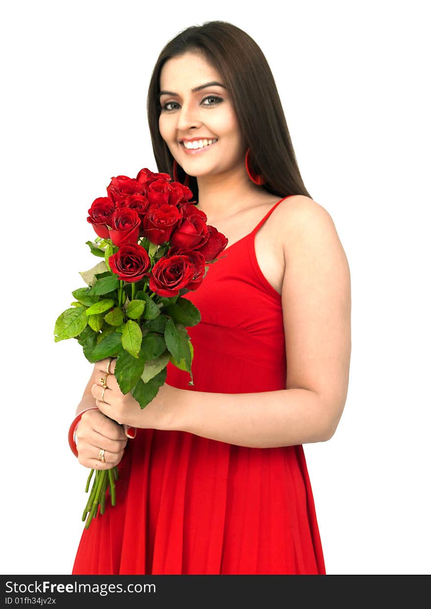 Beautiful woman with red roses