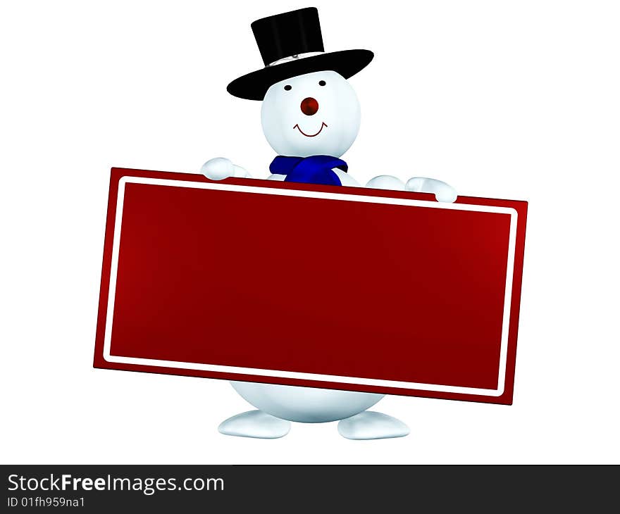 Snowman with empty red card isolated on white