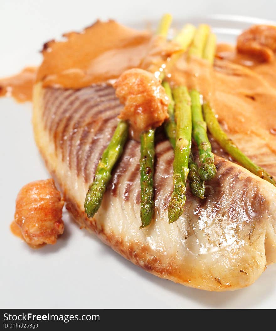 Sea Bass Fillet with Tomato Sauce and Fresh Asparagus