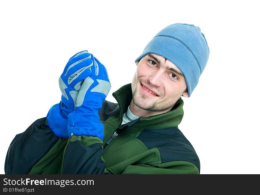 Young man in winter sport suit on white. Young man in winter sport suit on white