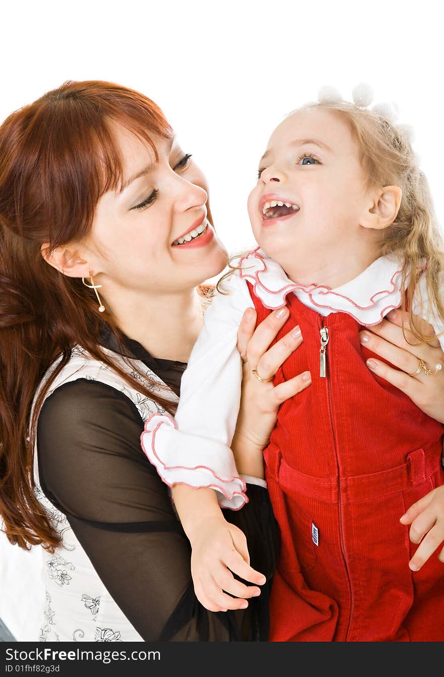 Mother and daughter over white