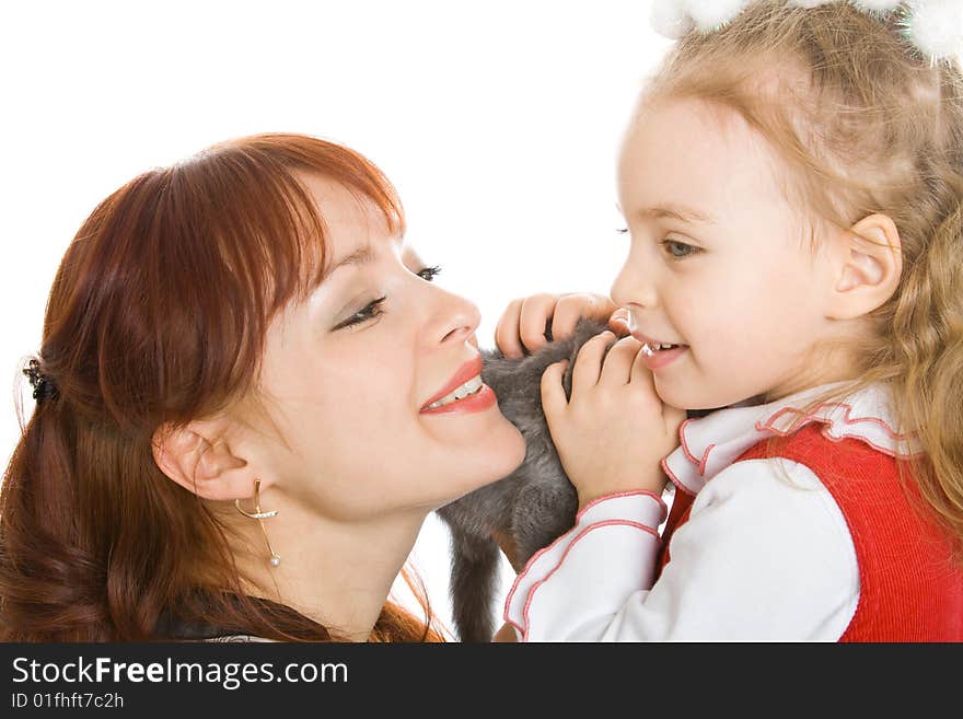 Mother and daughter over white