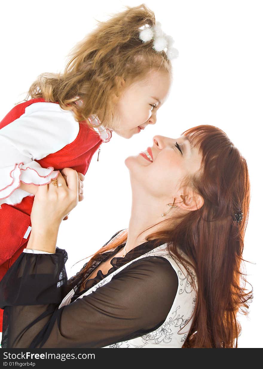 Mother and daughter over white