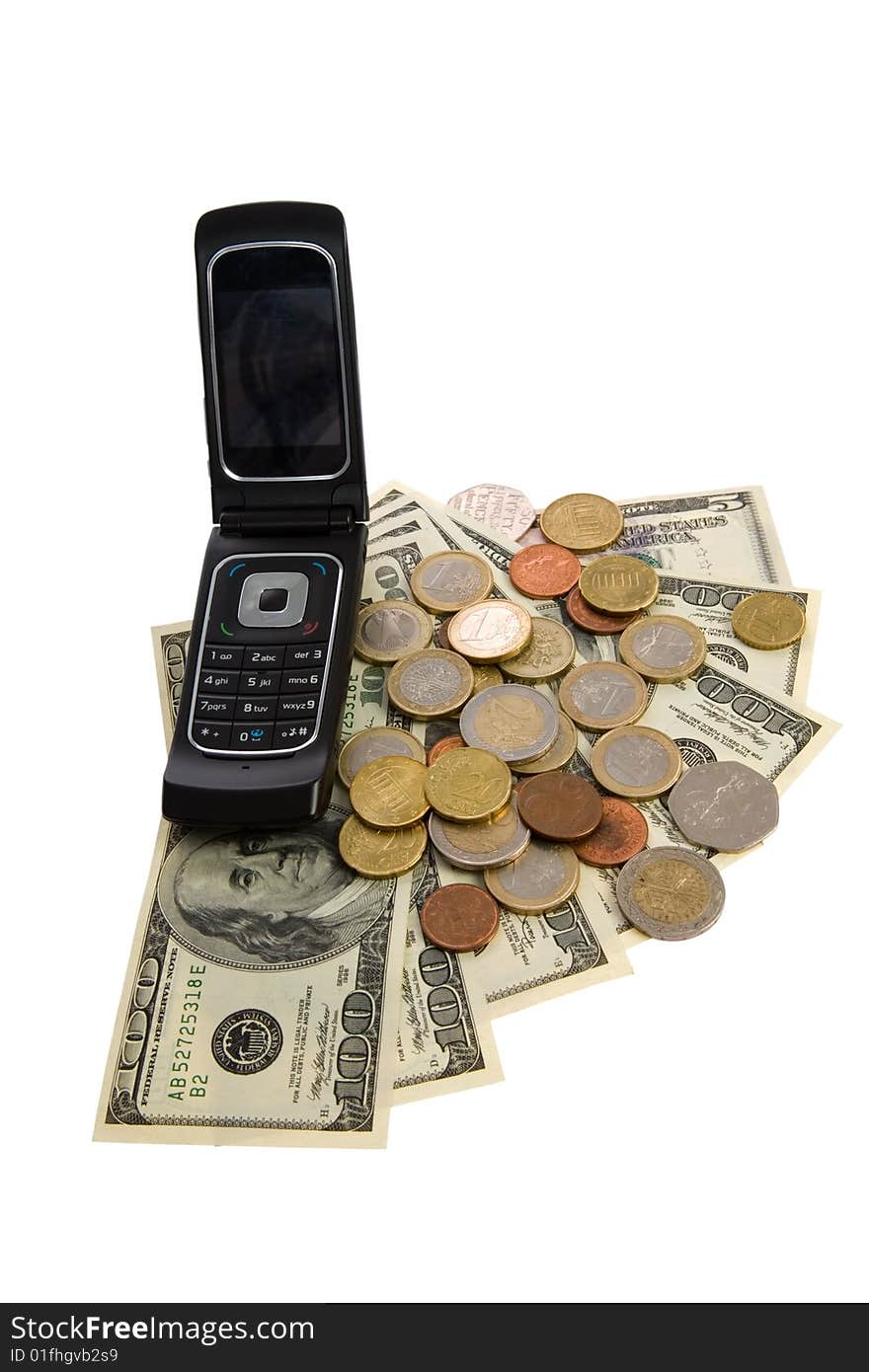 Phone with money on white background. Phone with money on white background