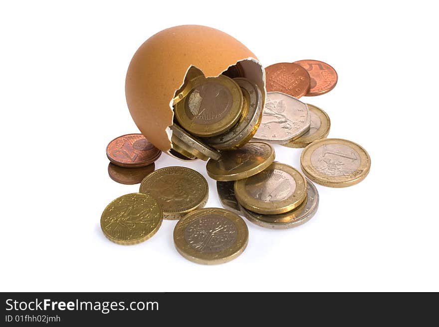 Egg with money on white.