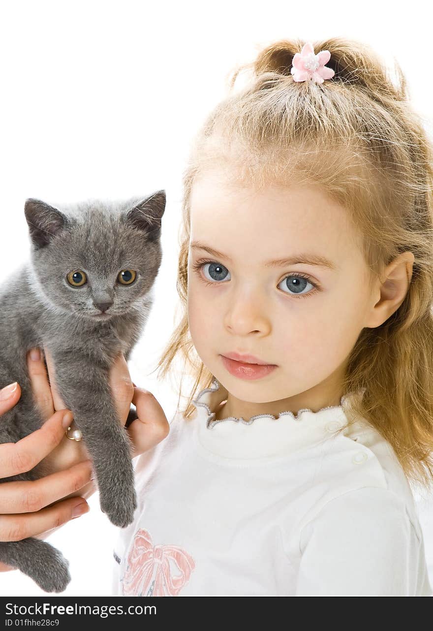 Young girl with kitten. Isolated on white background