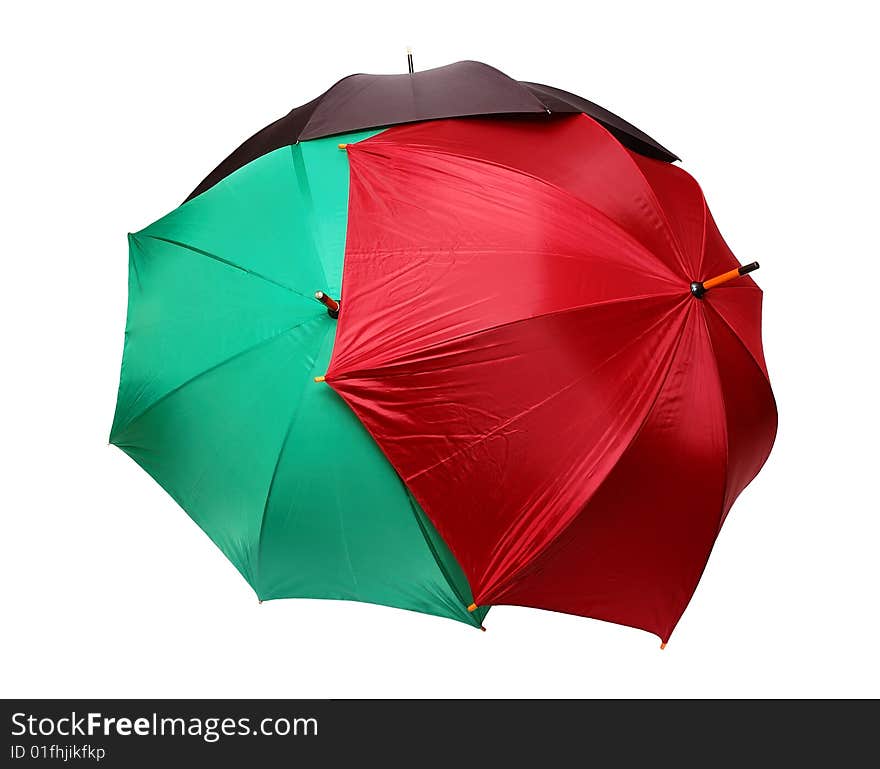 Red, green and black umbrellas isolated over white background