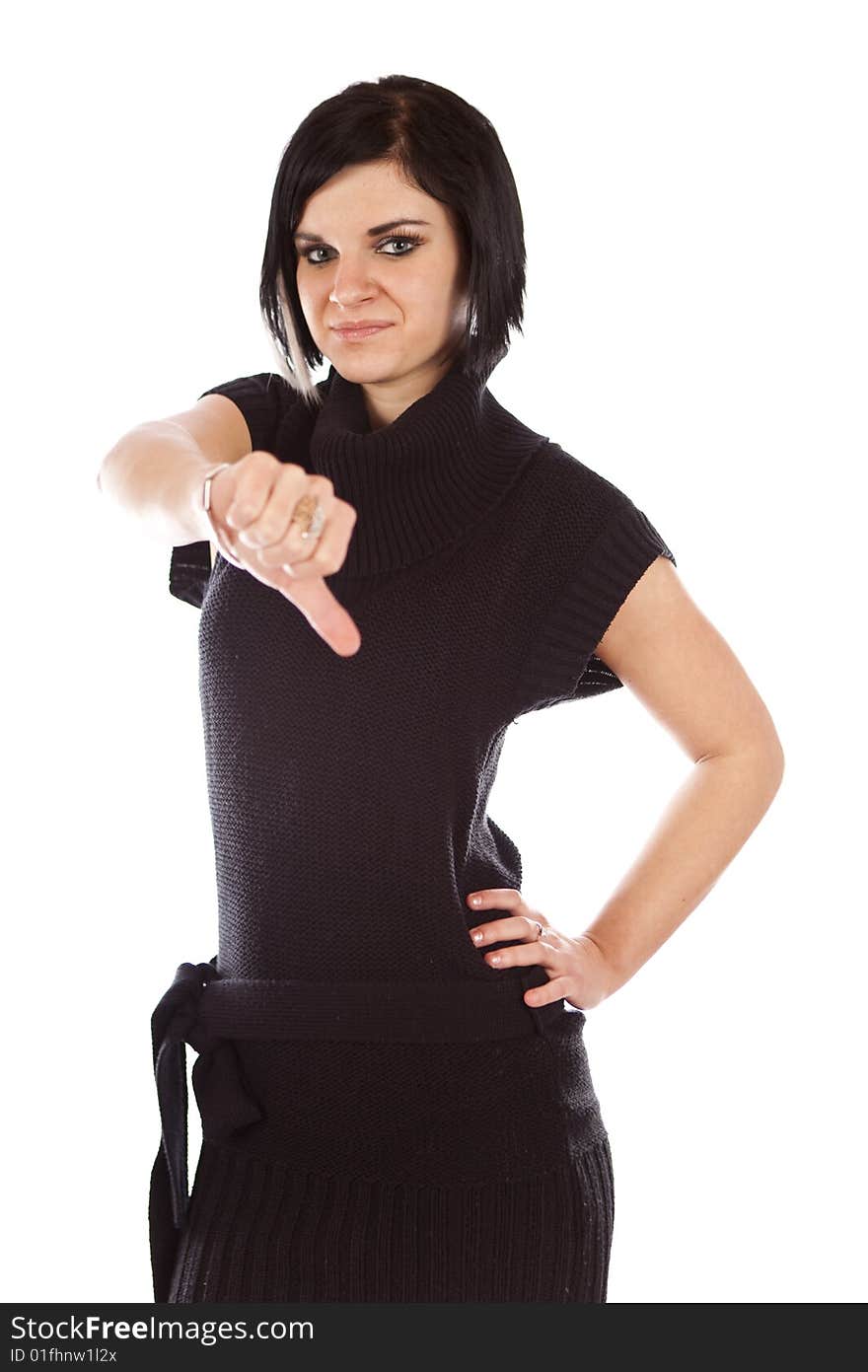 Studio photo of beauty girl with thumb-down