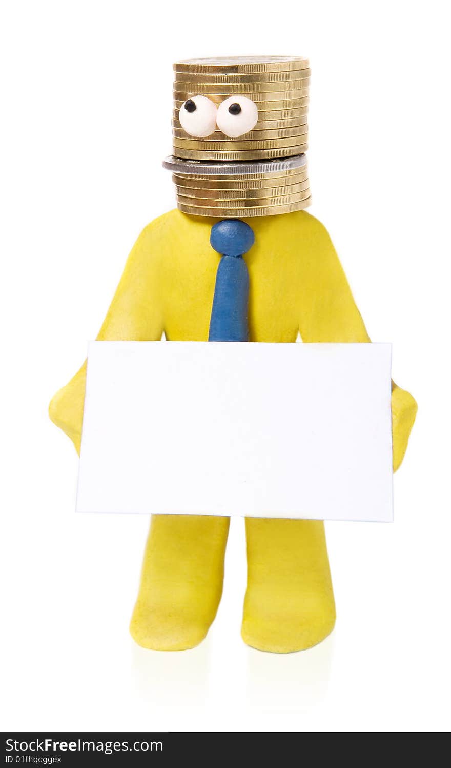 Plasticine businessman with head made of money holds blank card isolated on white. Plasticine businessman with head made of money holds blank card isolated on white