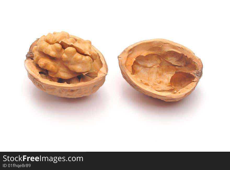 The split walnut which is represented on a white background