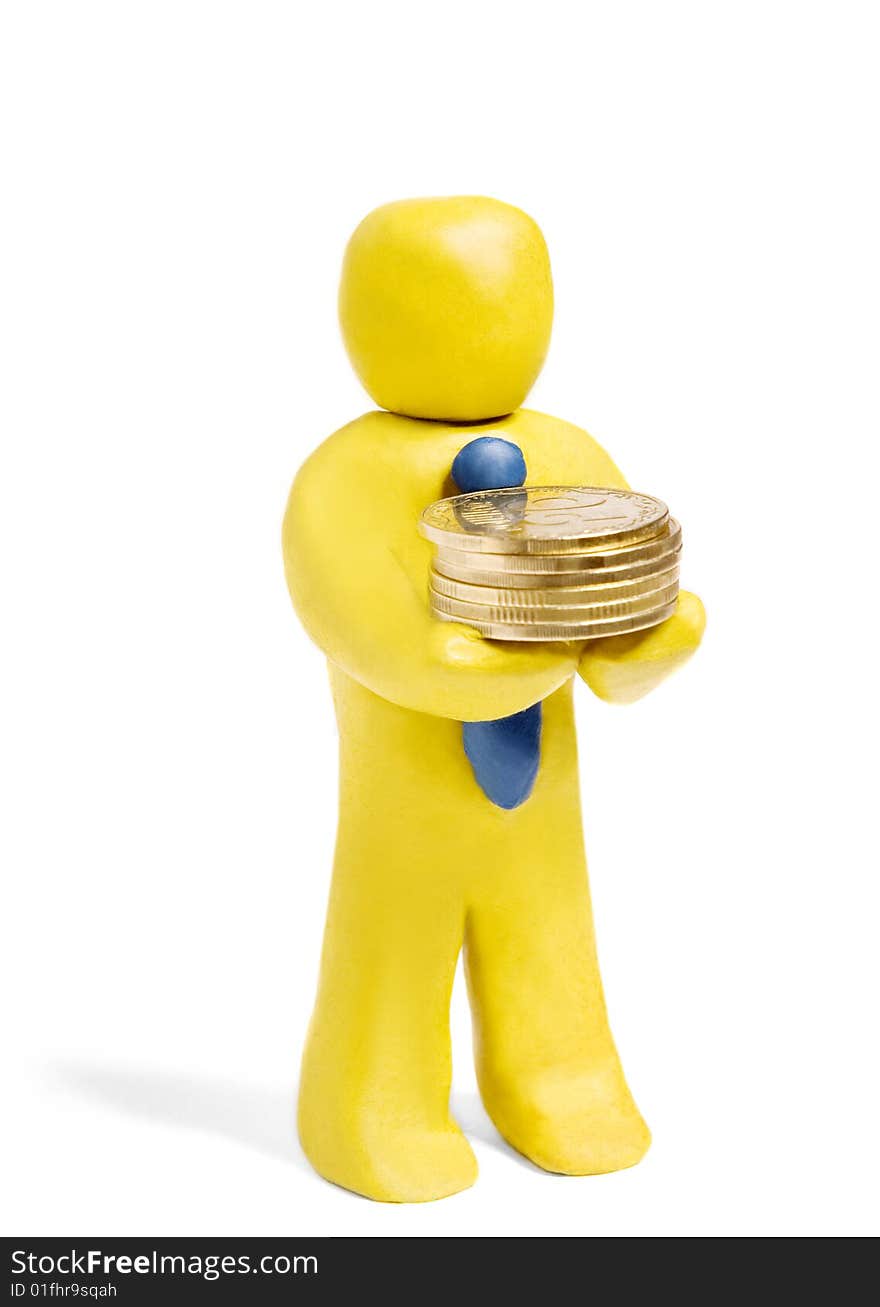 Plasticine businessman holds heap of gold coins. Plasticine businessman holds heap of gold coins