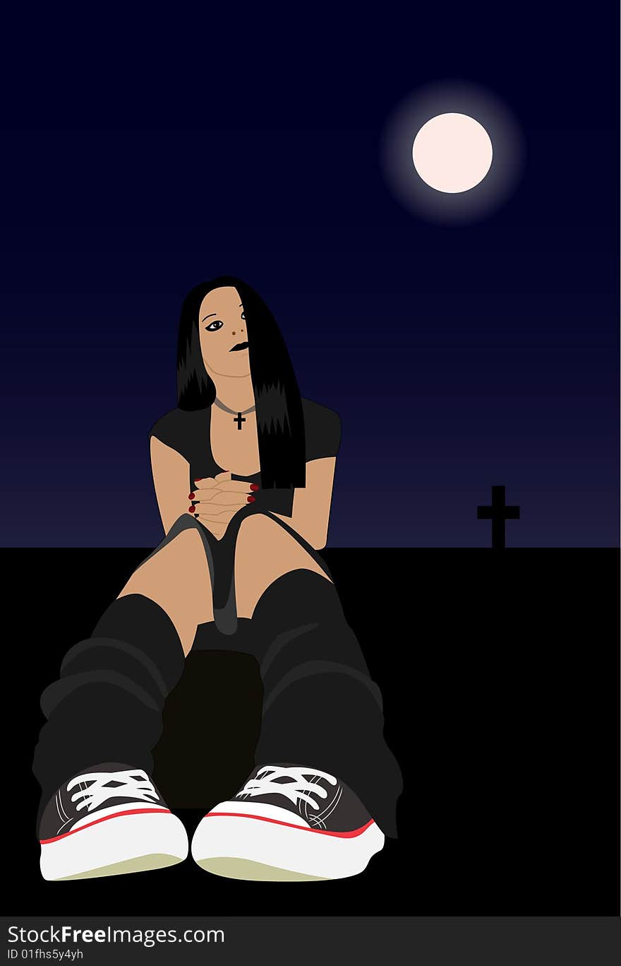 The girl on a cemetery. Vector. Without mesh.