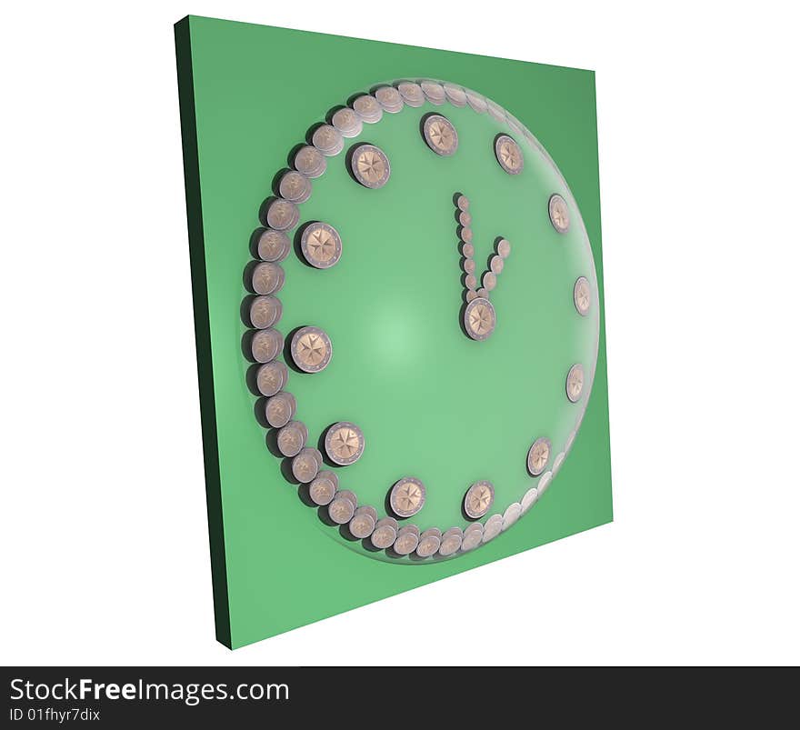 A concept illustration for the saying time is money, where a clock made from 2 euro coins displays the time