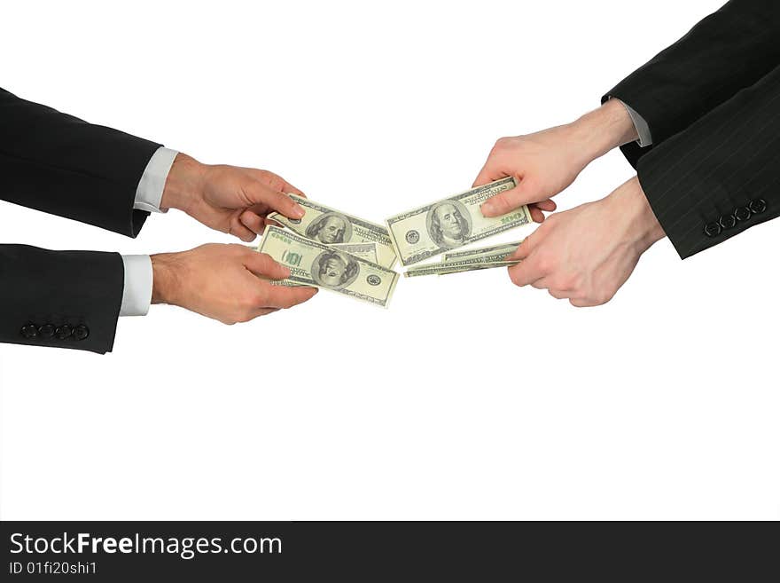 Two men's hands with dollars on white. Two men's hands with dollars on white