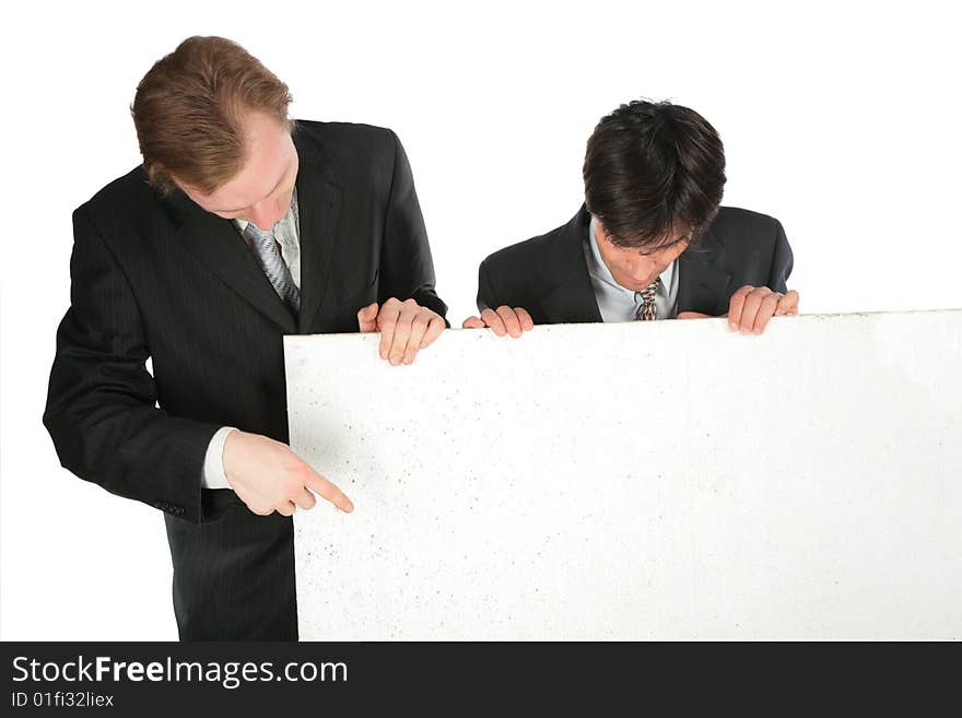 Two businessmen with  white plate on white. Two businessmen with  white plate on white