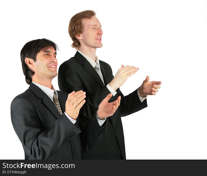 Two applauding businessmen on white
