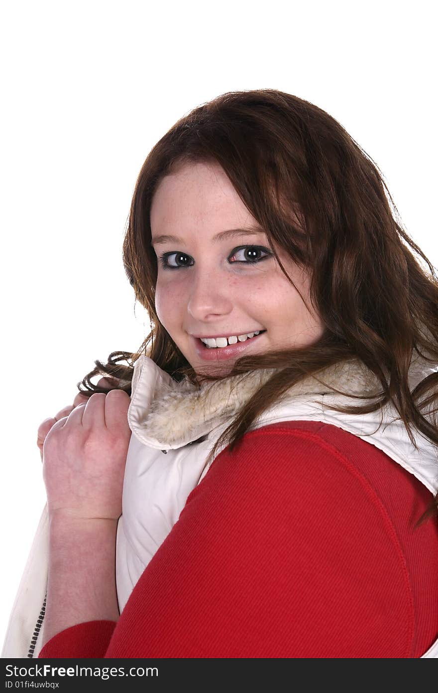 Teenage girl in red shirt and white vest