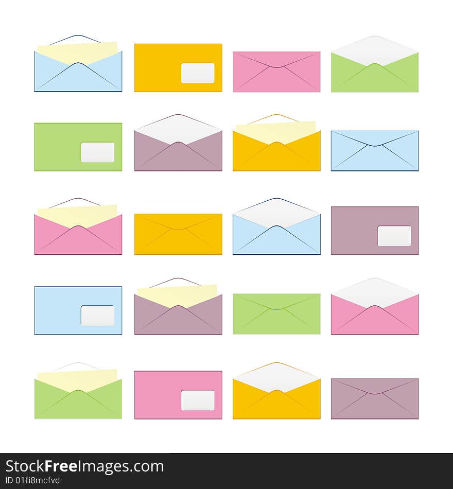 Twenty isolated colored envelopes