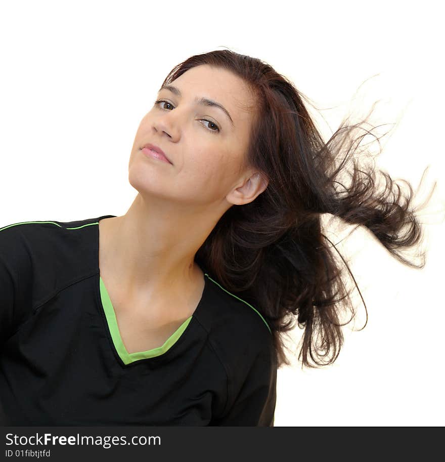 Woman doing fitness exercise, isolated on white