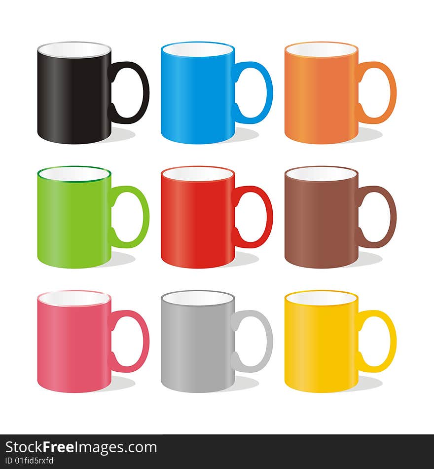 Nine isolated colored mugs