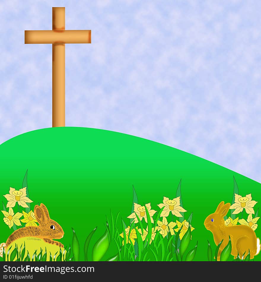 My  Illustration of a Cross on a Hill with Bunnies and Daffodils.(There is a green hill far away without a city wall). My  Illustration of a Cross on a Hill with Bunnies and Daffodils.(There is a green hill far away without a city wall).