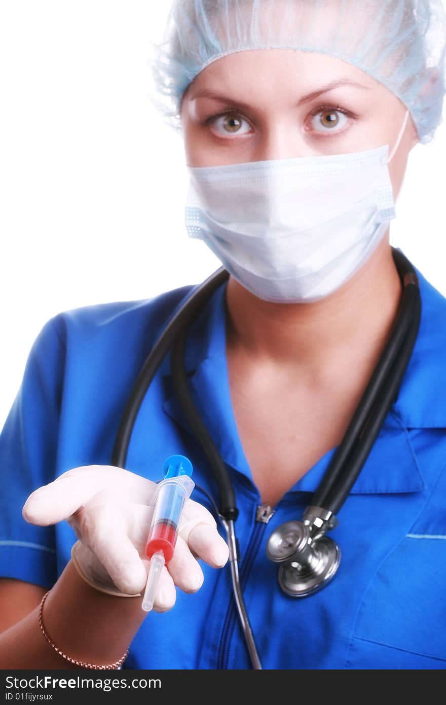 Doctor with a syringe, isolated on a white background. Doctor with a syringe, isolated on a white background