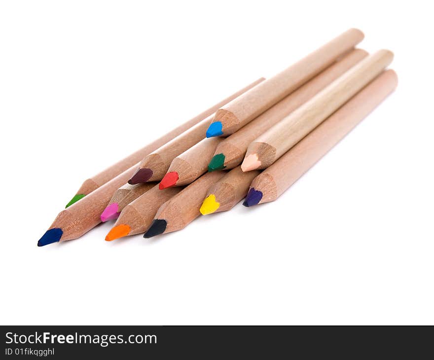 Color pencils on white background isolated on white background.