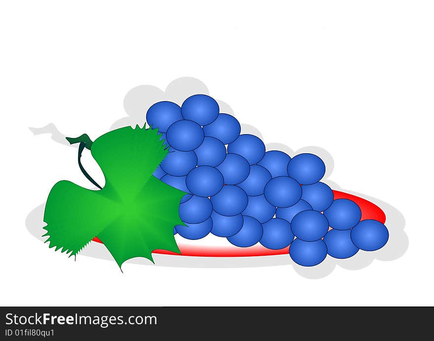 Cluster of black grapes with a green leaf on a dish.