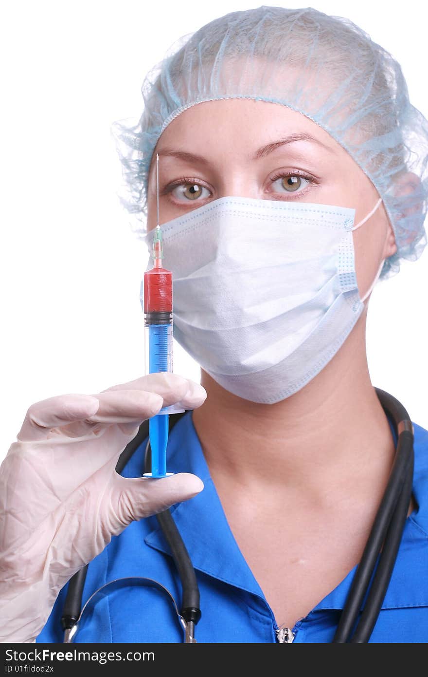 Doctor with a syringe, isolated on a white background. Doctor with a syringe, isolated on a white background