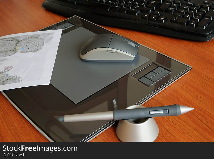 Graphic tablet with pen and mouse. Graphic tablet with pen and mouse