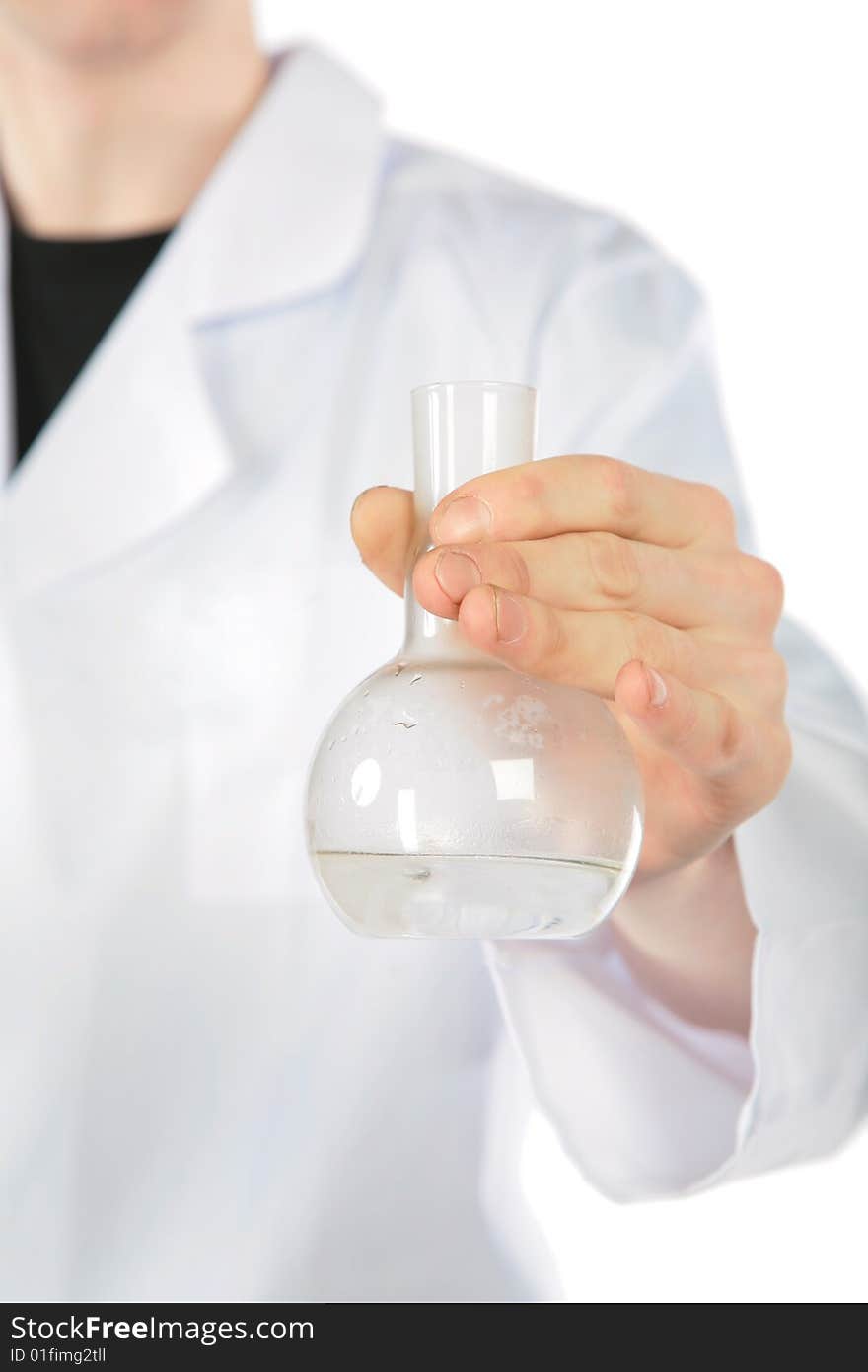 Chemist holds flask on white