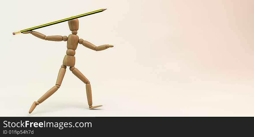 3D image of a wooden mannequin throwing a pencil-made javelin. 3D image of a wooden mannequin throwing a pencil-made javelin