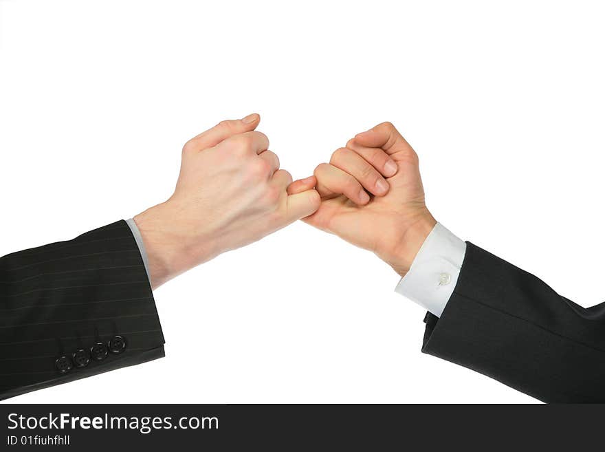 Two hands, coupled by fingers on white background