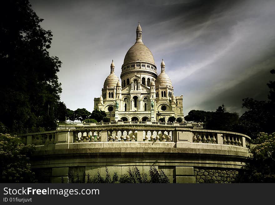 Sacred heart under dark sky - Paris France -. Sacred heart under dark sky - Paris France -