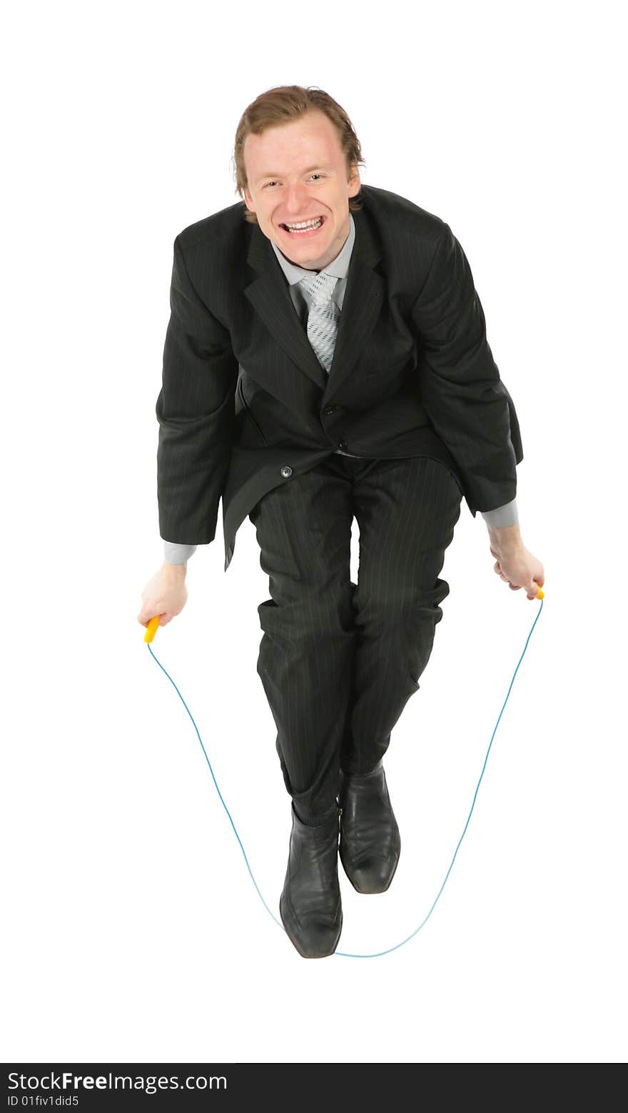 Businessman, who jumps through  jumping rope on white background. Businessman, who jumps through  jumping rope on white background