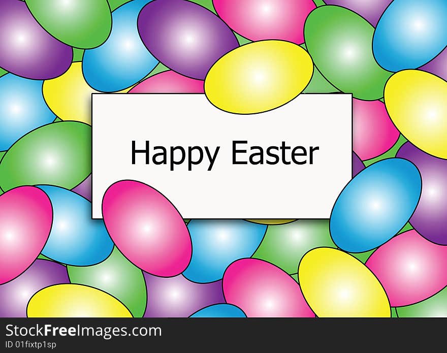 Colorful illustrated Easter eggs border covers the background of this image with a Happy Easter message in the center. Colorful illustrated Easter eggs border covers the background of this image with a Happy Easter message in the center