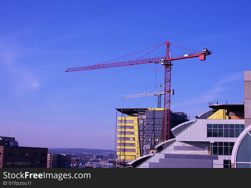 A sky crane at a construction site, downtown Grand Rapids, MI