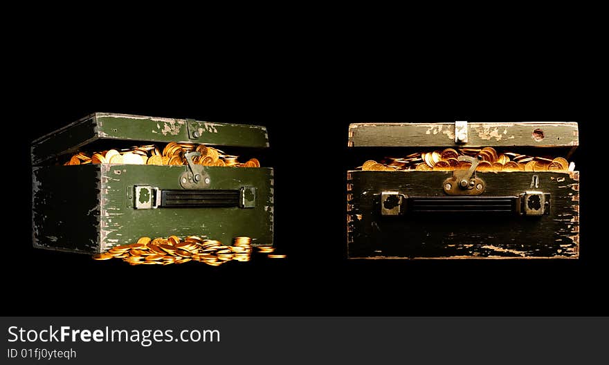 Chest full of gold isolated on black background. Chest full of gold isolated on black background.