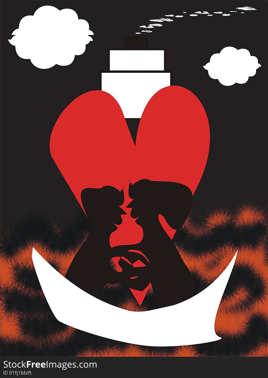 A couple in-love expressing their emotions on board of a boat. The original illustration is a vectorial image that can be adjusted at any size. A couple in-love expressing their emotions on board of a boat. The original illustration is a vectorial image that can be adjusted at any size.