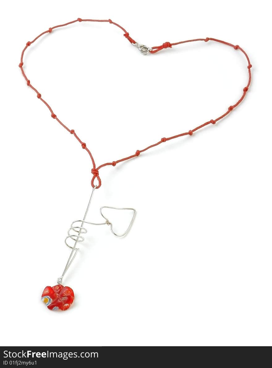 Heart shaped Jewelery. Colored Necklace with Heart shaped Silver part. White background.