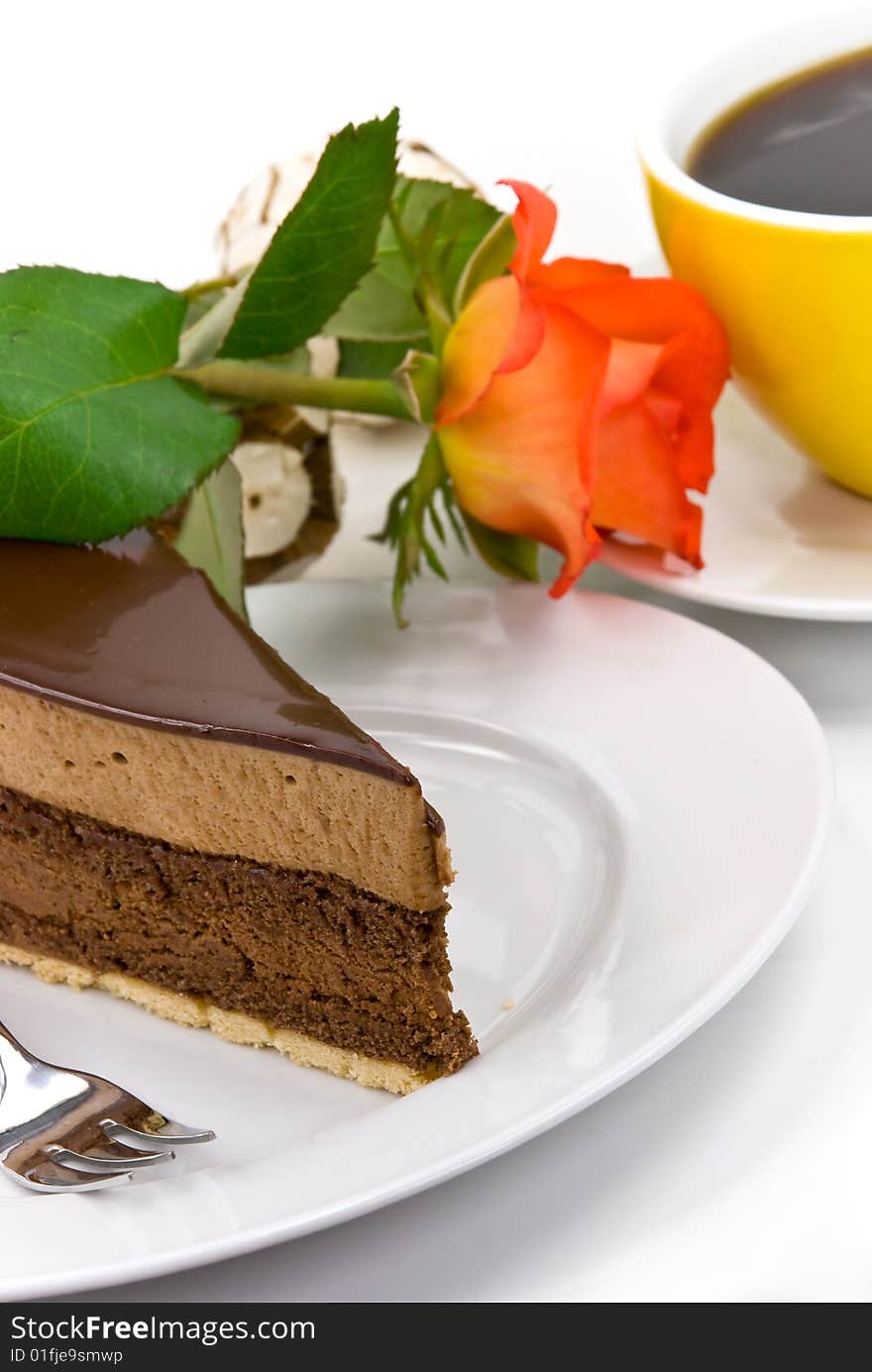 Chocolate- Nougat Pie with red rose and Coffee.